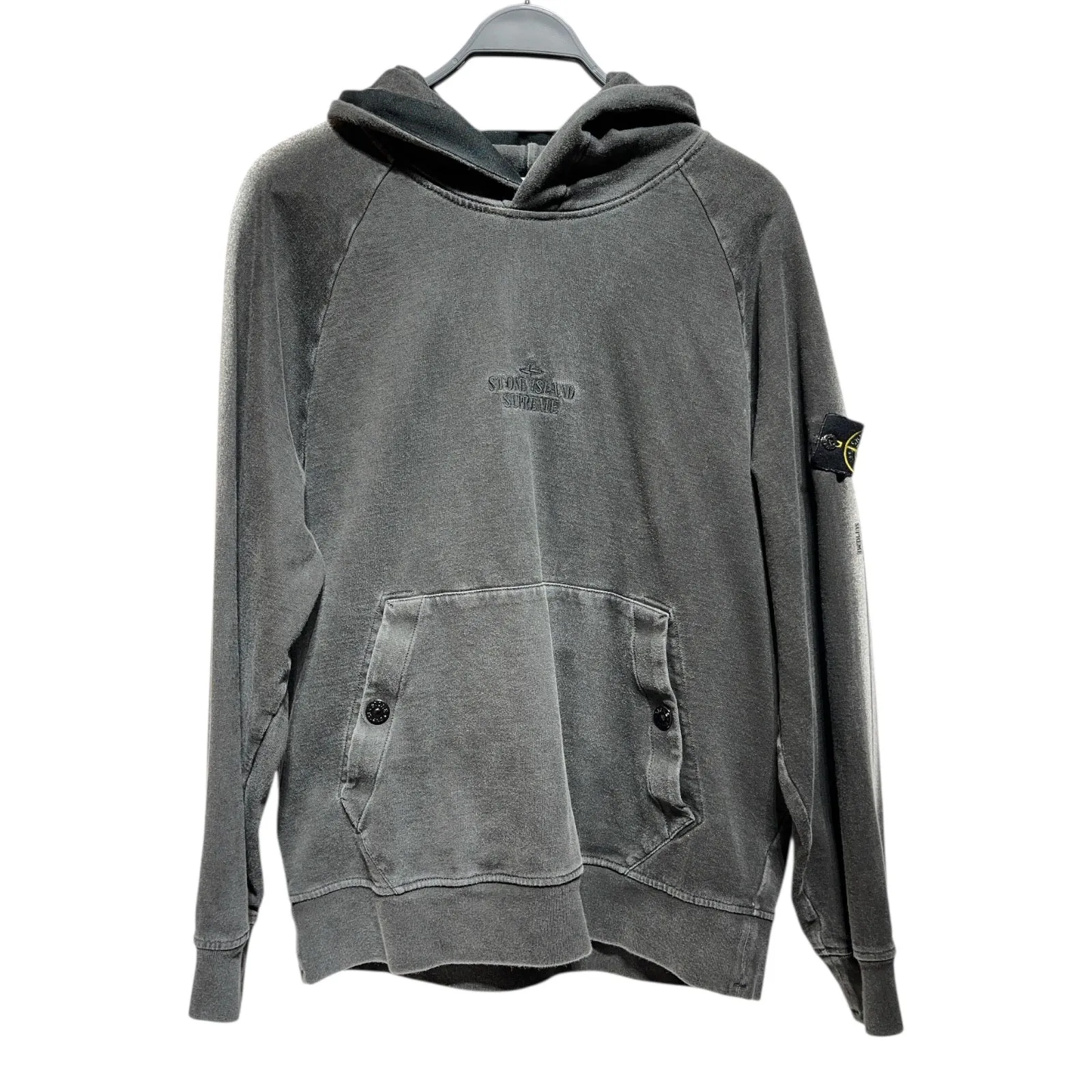 STONE ISLAND/Supreme/Hoodie/L/Cotton/GRY/stripe sleeve